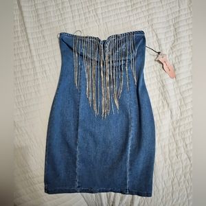 Denim dress with fringe rhinestone